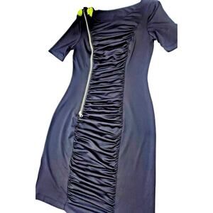 Y2k Goth Andrew Marc New York Dress Size S Black Ruched Zipper Stretch Bodycon